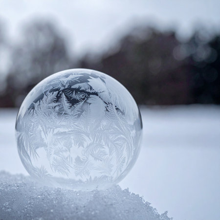 A delicate, frozen soap bubble rests gently on a bed of fresh snow, capturing a moment of ephemeral beauty.の素材