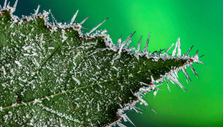 A macro photograph captures the intricate beauty of winter's first touch.の素材