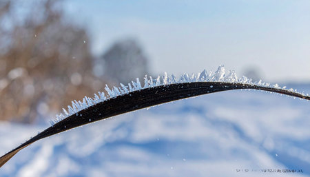 On a crisp, silent winter morning, delicate ice crystals form a fragile crown along the edge of a frozen leaf.の素材