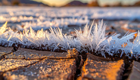 As the first rays of dawn stretch across the landscape, they illuminate delicate ice crystals that have formed overnight on the cracked, weathered surface of old timber.の素材