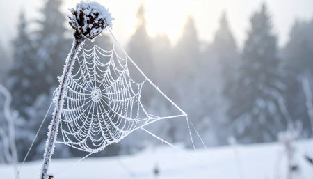 A delicate spiderweb, transformed by winter's touch into a masterpiece of icy lace. Each strand is coated in sparkling frost, capturing the soft glow of a cold morning sunrise.の素材