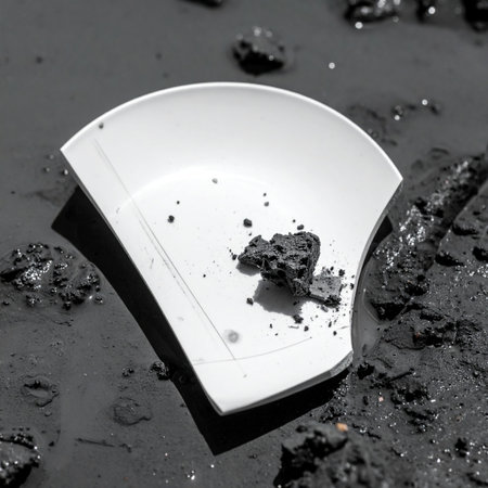 A forgotten paper plate, a relic of a fleeting moment, now lies half-buried in the wet, dark mud.の素材