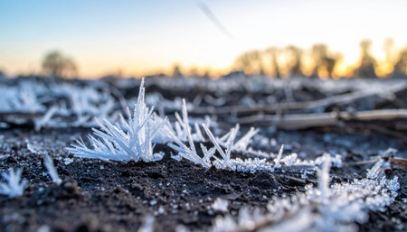 As the sun rises on a frigid morning, delicate spires of needle ice emerge from the frozen soil.の素材