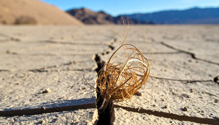 A lone, skeletal plant clings to life within a deep fissure in the parched desert floor.の素材