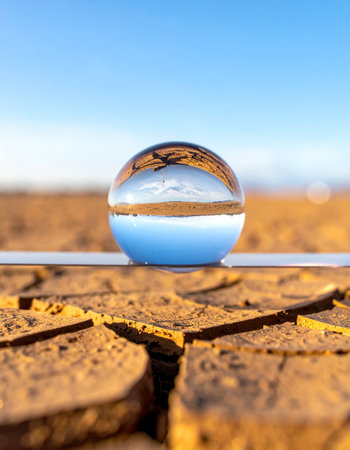 A clear crystal sphere offers a new perspective on a vast, sun-scorched desert.の素材