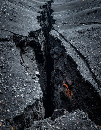 A profound chasm tears through the desolate landscape, a raw and powerful scar on the planet's surface.の素材