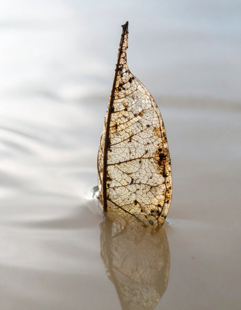 A single, delicate skeleton leaf stands upright in calm water, its intricate veins catching the light like the sail of a tiny ghost ship.の素材