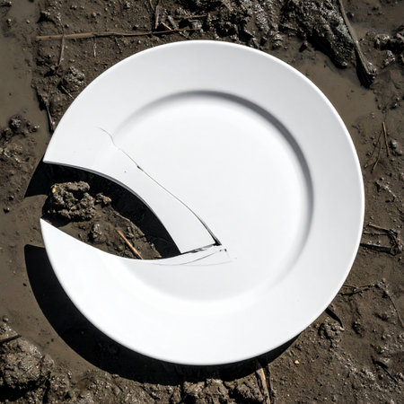 A single white ceramic plate lies broken and discarded in the dark, wet mud.の素材