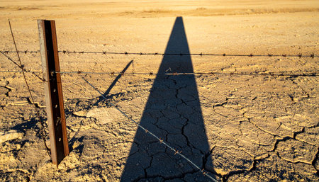 In the intense heat of a desert sunset, a stark triangular shadow falls across the parched, cracked earth.の素材