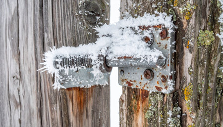 In the deep chill of winter, intricate ice crystals of hoarfrost cling to a forgotten, rusty hinge.の素材