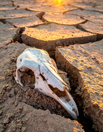 An animal skull rests in the deep fissures of cracked, dry earth as the sun sets on the horizon.の素材