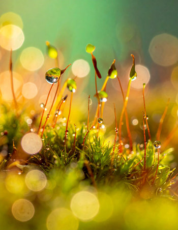 In a hidden corner of the forest, tiny moss sporophytes reach for the morning light, each adorned with a sparkling droplet of dew.の素材