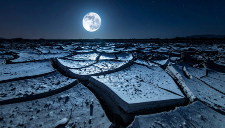 A brilliant full moon casts an ethereal blue glow over a vast, parched desert. The ground, fractured into a mosaic of deep cracks, tells a story of extreme drought and solitude.の素材