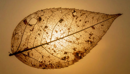 Bathed in a warm, golden glow, the delicate skeleton of a fallen leaf reveals its intricate network of veins.の素材