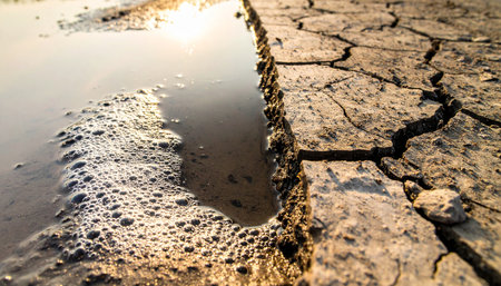 The parched, cracked earth thirsts for relief, but finds only the edge of a contaminated, foamy waterway.の素材