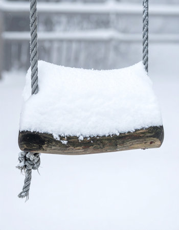 A thick blanket of fresh snow rests undisturbed on a rustic wooden swing, suspended in the quiet stillness of a winter day.の素材