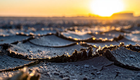 As the sun dips below the horizon, its last golden rays catch the edges of the parched, cracked earth.の素材