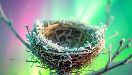 A beautifully crafted bird's nest sits empty among delicate branches, a symbol of potential and new beginnings.の素材