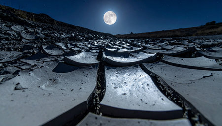 A lone full moon illuminates a surreal, otherworldly scene. The ground below, a mosaic of deeply cracked mud, stretches towards a dark horizon.の素材