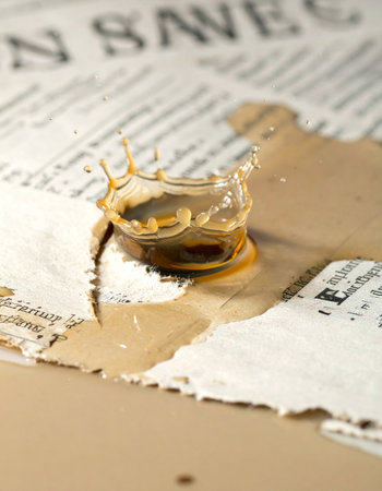 A dramatic, high-speed capture of a coffee droplet creating a perfect crown splash as it hits a spill on the morning newspaper.の素材