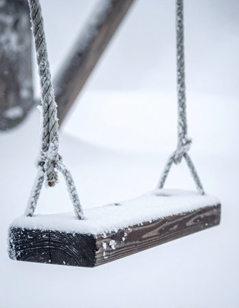 A solitary wooden swing sits empty, covered in a fresh blanket of snow during a quiet winter snowfall.の素材