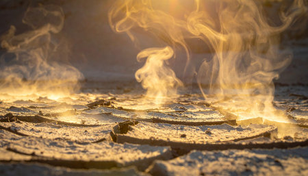 Intense flames and billowing smoke erupt from the deep fissures of a parched, cracked landscape.の素材