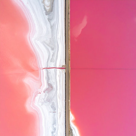 An abstract aerial perspective captures the stunning duality of a pink salt lake, divided by a stark line.の素材