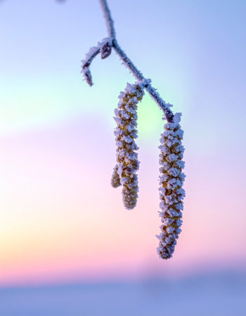 Delicate catkins, encrusted with sparkling frost, hang from a slender branch, silhouetted against the soft pastel hues of a winter dawn.の素材