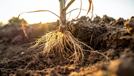 As the sun sets, its golden rays illuminate the intricate network of roots anchoring a young crop deep within the fertile earth.の素材