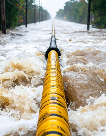 A massive yellow pipe stretches down a completely submerged road, channeling away turbulent floodwaters.の素材