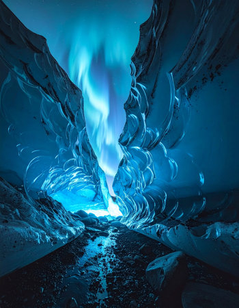 A path of frozen water leads through a dark, jagged canyon towards a breathtaking, ethereal blue light.の素材