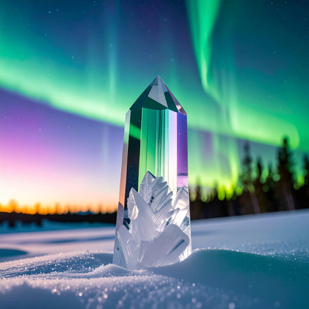 A magnificent crystal point stands firmly in the pristine snow, capturing and refracting the magical dance of the aurora borealis above.の素材