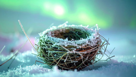 An empty bird's nest, encrusted with delicate ice crystals, rests in the pristine snow.の素材