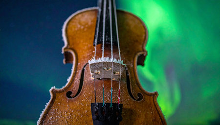 An old, frosted violin rests under the magical glow of the aurora borealis.の素材