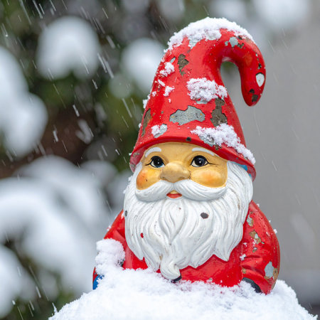 A charming garden gnome, dressed in a festive red hat, gets a gentle dusting of fresh snowflakes during a quiet winter snowfall.の素材