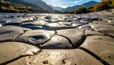 As the sun sets over the distant mountains, its golden light catches the glossy, cracked surface of a drying riverbed.の素材