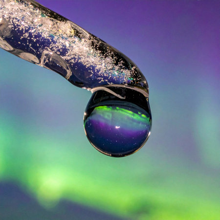 A single, perfect droplet of water clings to the tip of a melting icicle, capturing and refracting the ethereal glow of the northern lights.の素材