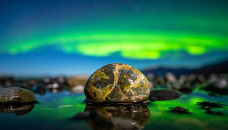 A single, unique stone rests on a wet shore, perfectly reflecting the magical green dance of the aurora borealis in the night sky.の素材