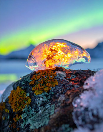 In the heart of a frozen winter landscape, a mysterious ice jewel rests on a mossy stone, glowing with an inner fire.の素材