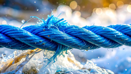 A vibrant blue rope, glistening with water, is strained to its absolute limit. Individual fibers snap and fray, signaling an imminent break.の素材