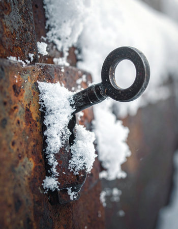 An old, antique key sits frozen in a rusty lock, covered by a delicate layer of fresh snow.の素材
