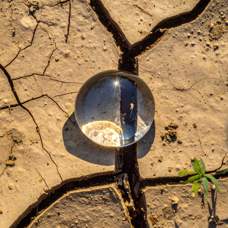 In a landscape of cracked, thirsty earth, a single glass sphere offers a moment of clarity and a glimpse into the future.の素材