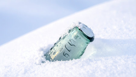 A lone glass bottle, a relic from another time, emerges from a deep drift of pristine white snow.の素材