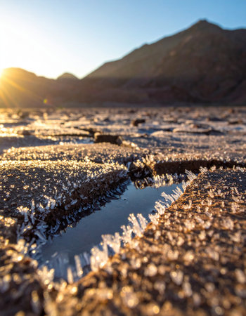 As the first golden rays of sunrise touch the horizon, they illuminate intricate ice crystals forming along the cracks of the frozen desert floor.の素材