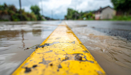 From a low-angle perspective, a yellow road line disappears into murky floodwaters that have submerged a suburban street.の素材