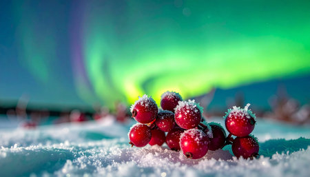 A cluster of vibrant red berries, kissed by winter's first frost, rests on a bed of pristine snow.の素材
