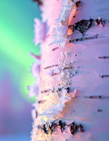 A close-up of a frosted birch tree trunk stands silently in the cold, its white bark catching the magical, ethereal glow of the aurora borealis dancing in the background.の素材