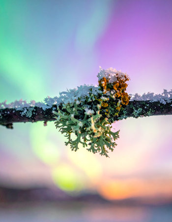 A delicate cluster of frost-covered lichen clings to a stark winter branch, its intricate details captured in sharp focus.の素材