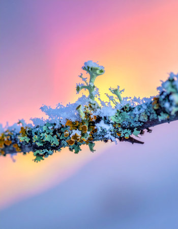 A delicate branch, adorned with frosted lichen, catches the first magical light of a winter sunrise.の素材