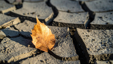 A single, golden autumn leaf rests upon the parched, deeply cracked earth. A poignant symbol of change, drought, and the resilience of nature against a harsh, arid landscape.の素材